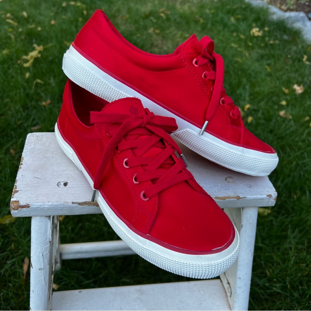 GORGEOUS! Lauren Ralph Lauren Cherry Red Satin Sneakers🍒 - Picture 9 of 11
